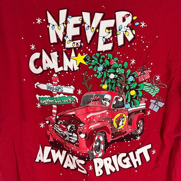 Buc-ees Never Calm Always Bright Christmas t-shirt Unisex XL - Picture 4 of 5